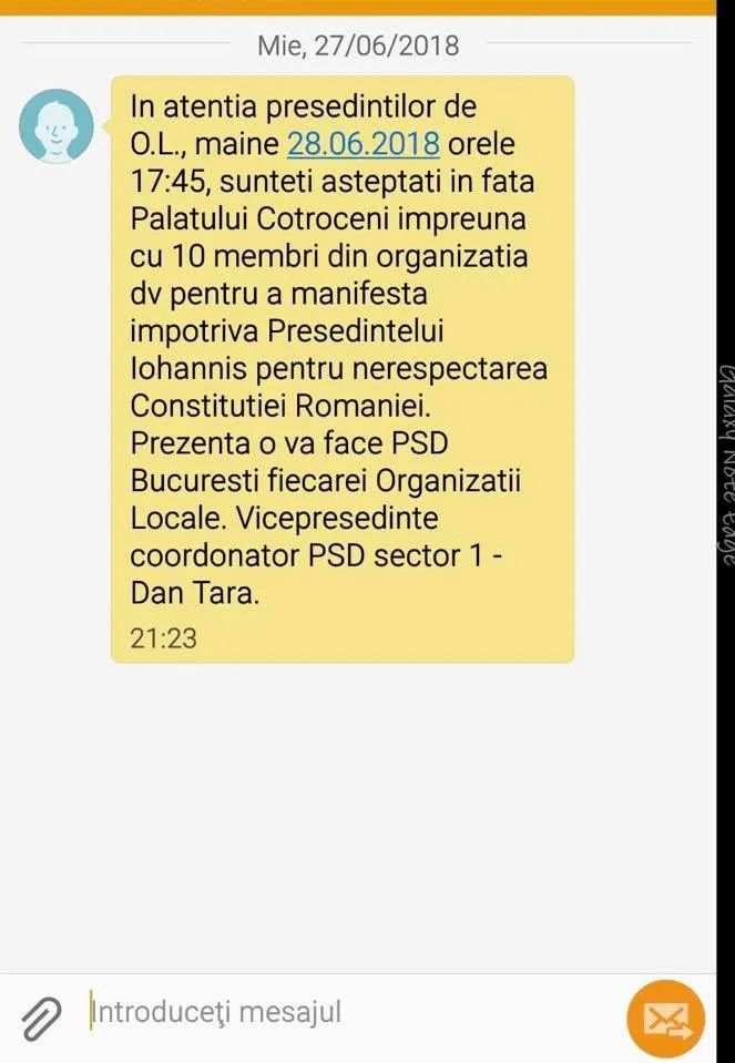 Miting PSD cu forţa la Palatul Cotroceni, în ziua moţiunii de cenzură. SMS-ul dovadă