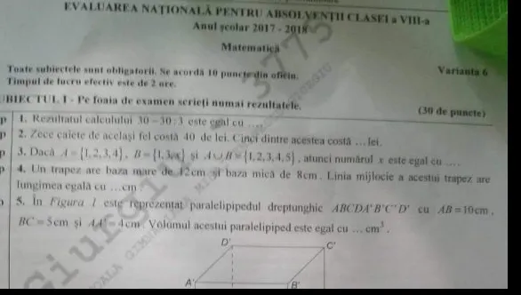Subiecte + barem MATEMATICĂ 2018 Evaluare Naţională