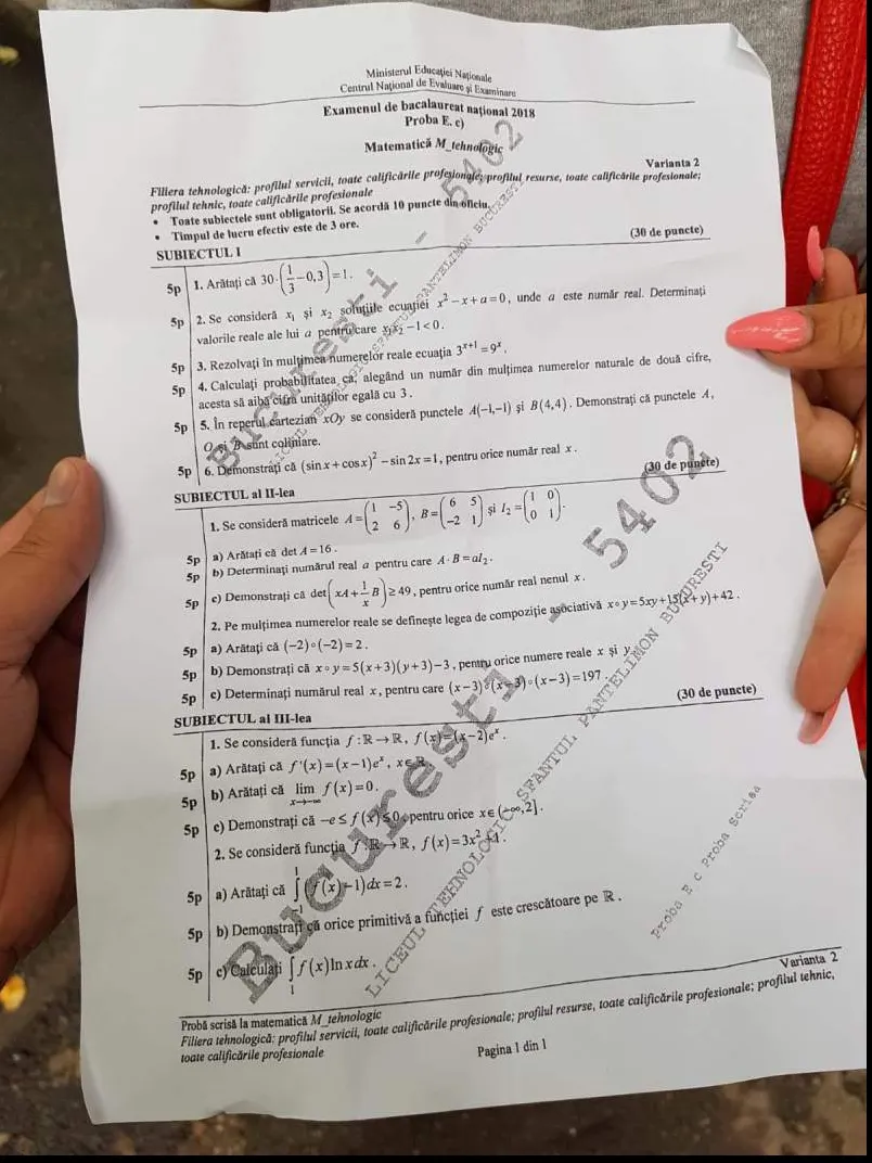 Subiecte Matematica BAC 2018 M2: Subiectul II - o matrice, Subiectul III - două funcţii