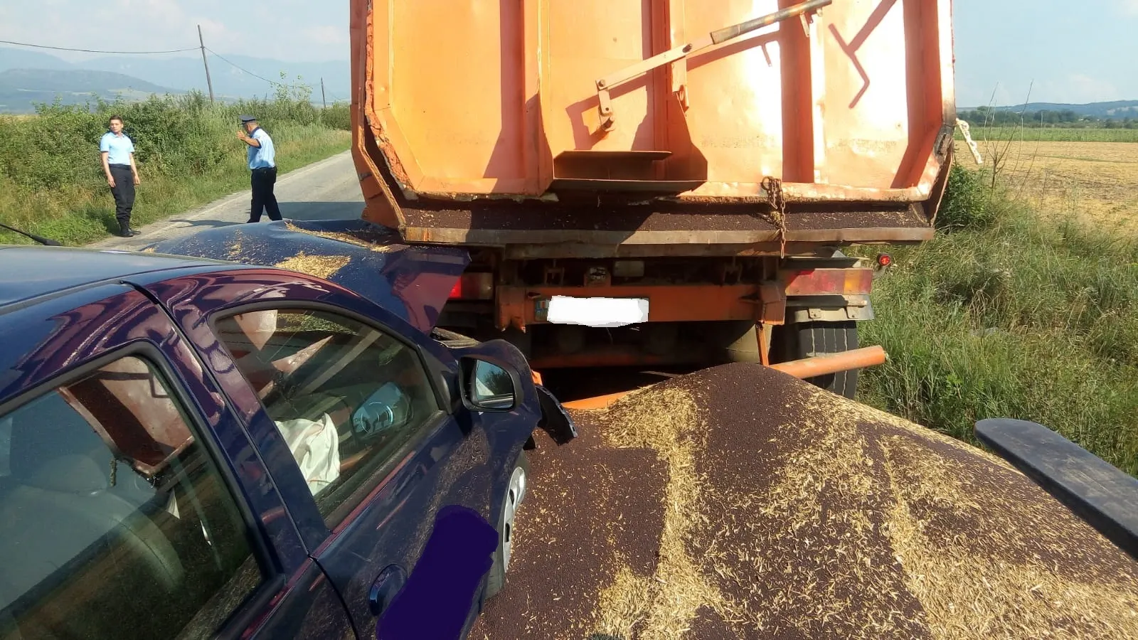 Imagini inedite: un camion cu rapiță a pierdut recolta pe carosabil în urma unei coliziuni