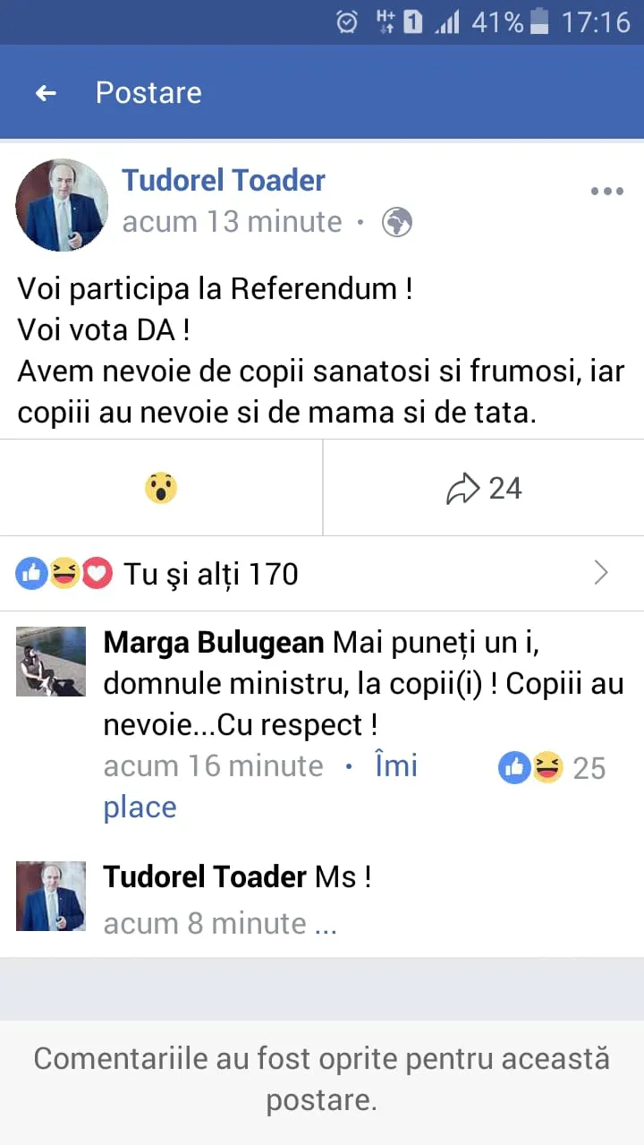 REFERENDUM. Tudorel Toader, îndemn agramat pe Facebook: "COPII au nevoie de mama şi de tata"