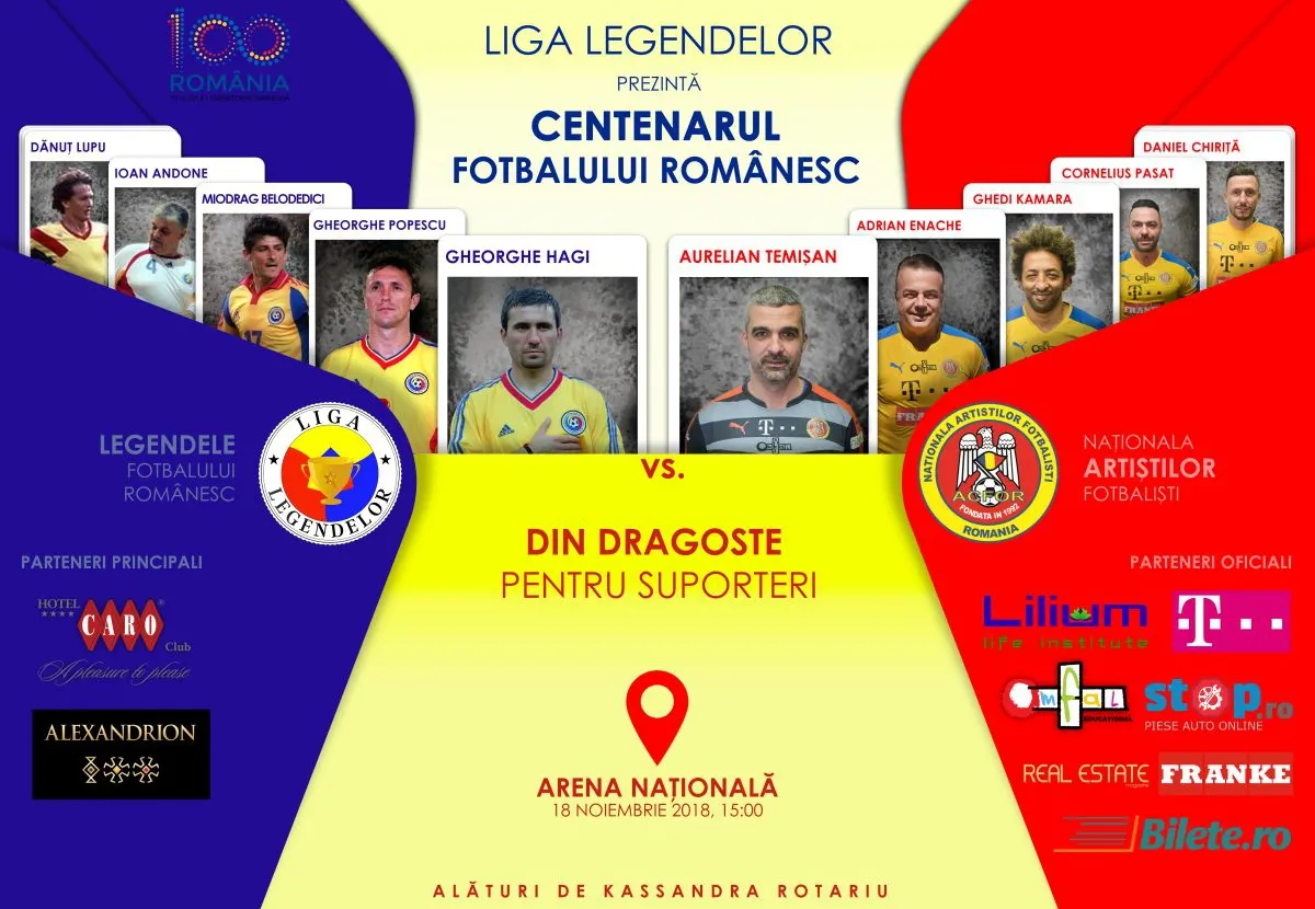 Centenarul Fotbalului Românesc, pe Arena Naţională: Legendele fotbalului vs. Naţionala Artiştilor