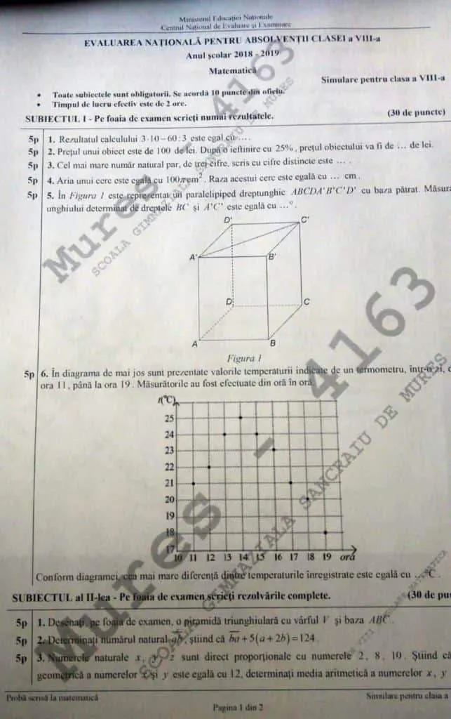 Subiecte Simulare Matematică 2019 clasa a 8-a. Cât fac 3x10-60:3? Barem corectare