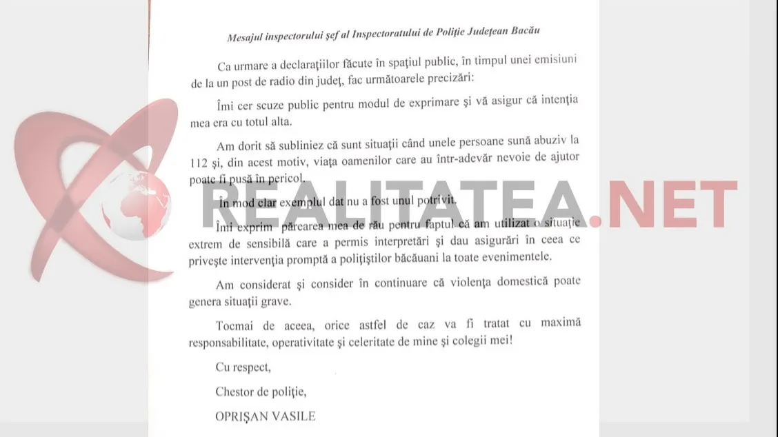 Şeful Poliţiei Bacău: "Femeile lovite de soţi SĂ NU SUNE la 112 noaptea". UPDATE Avem prima reacție