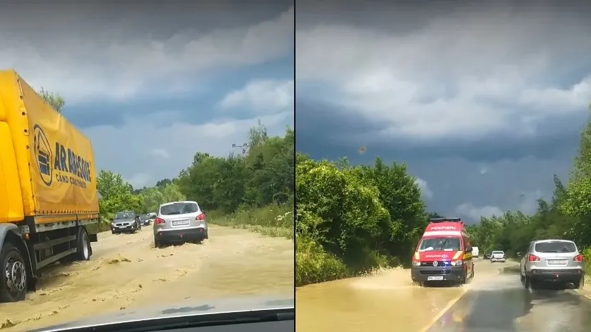 Imagini apocaliptice. Drum național sub ape, după o ploaie torențială
