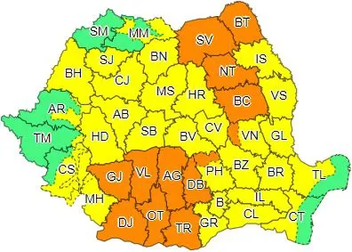 Cod portocaliu și cod galben de ploi puternice și disconfort termic