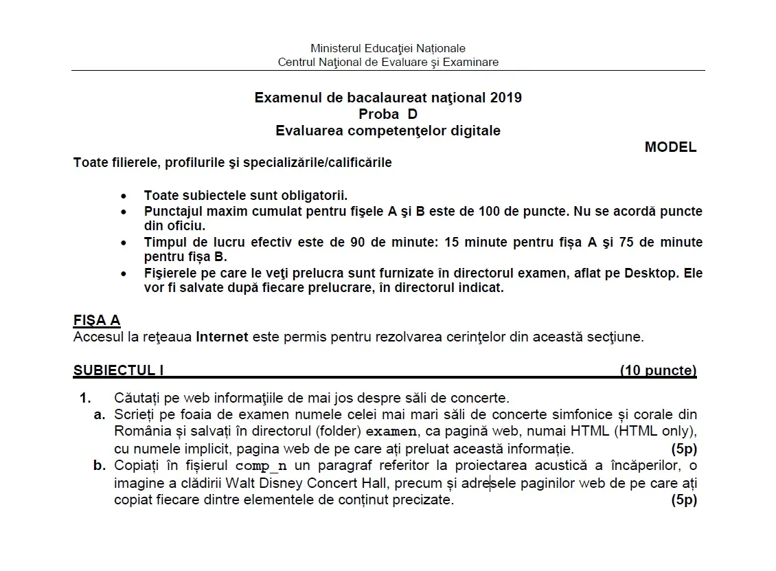 Subiecte BAC 2019 competențe digitale. Subiecte și barem de corectare