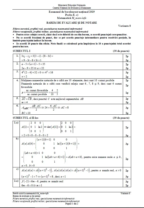 Barem Matematică 2019 Bacalaureat EDU.ro - mate-info, tehnologic și științe ale naturii