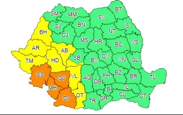 Cod portocaliu de vreme severă în sud-vestul ţării, furtuni şi grindină