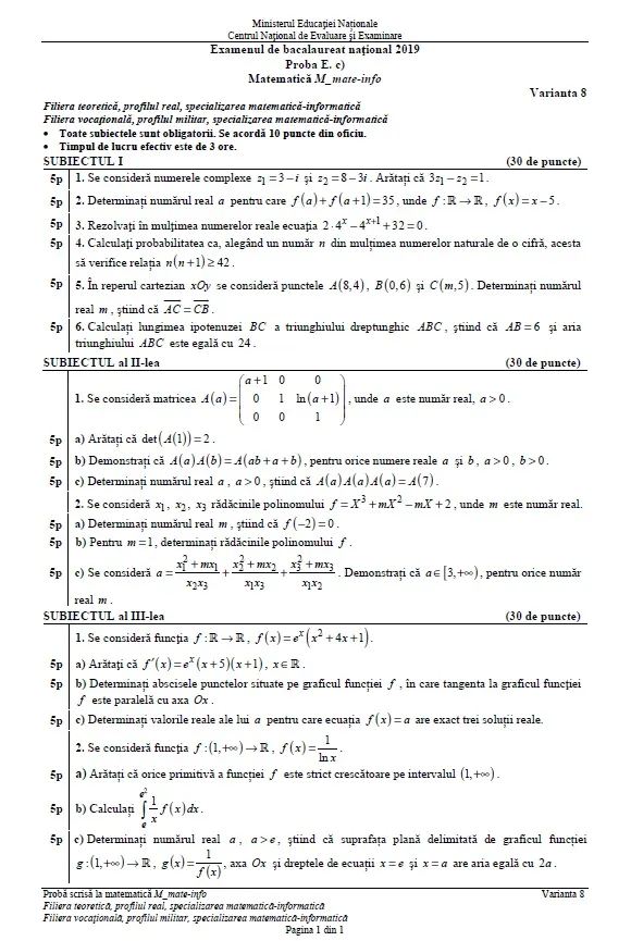 Subiecte Matematică BAC 2019 mate-info, tehnologic și științe ale naturii: Funcția de la Subiectul 3