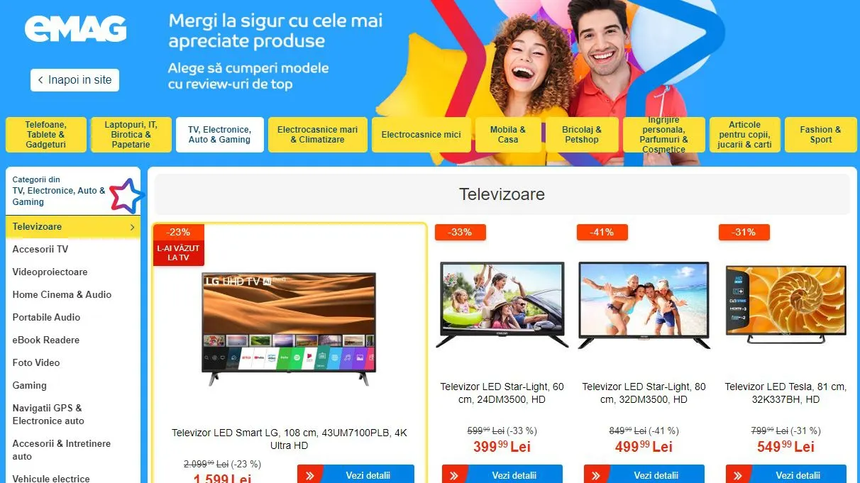 eMAG – Top 5 televizoare cu cele mai bune review-uri