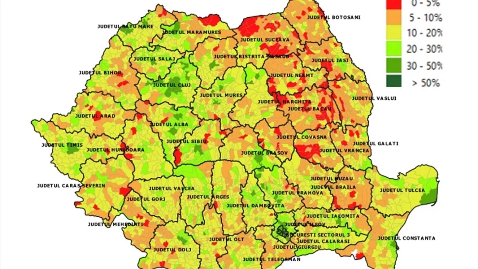 Situația vaccinării în România pe localități (5 iulie) / Foto: Facebook RoVaccinare