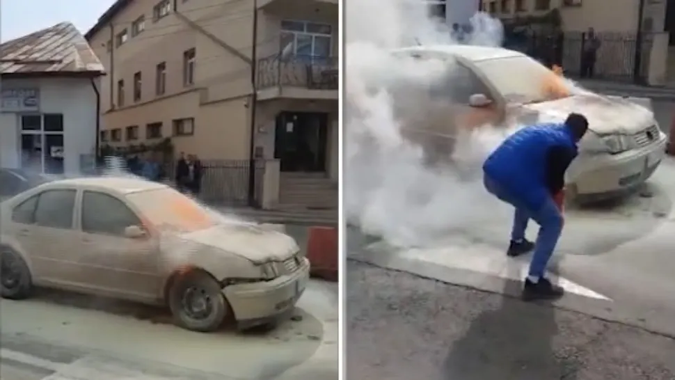 Mașină în flăcări, în mers. Cum a reușit șoferul să se salveze în ultima clipă
