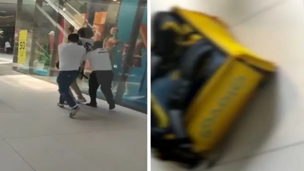 Livrator bătut crunt și umilit de paznicii unui mall, sub ochii clienților
