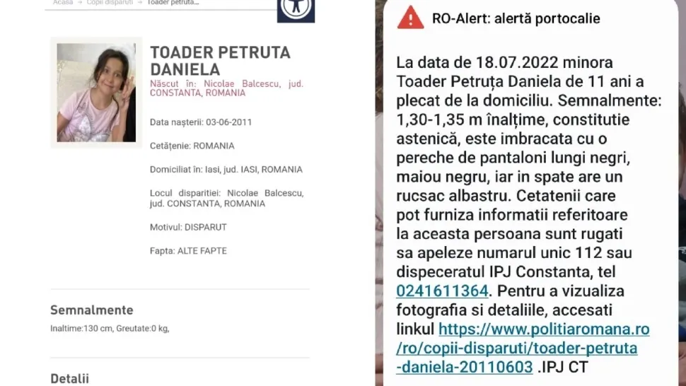 Fată de 11 ani, dată dispărută prin mesaj RO-Alert, în Constanța