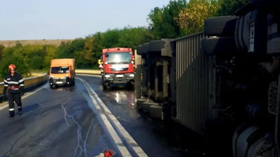 Un TIR încărcat cu sute de animale s-a răsturnat