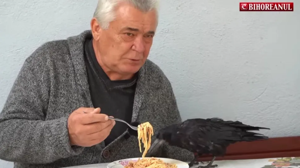 Bărbat cu un corb/ Captură video eBihoreanul.ro