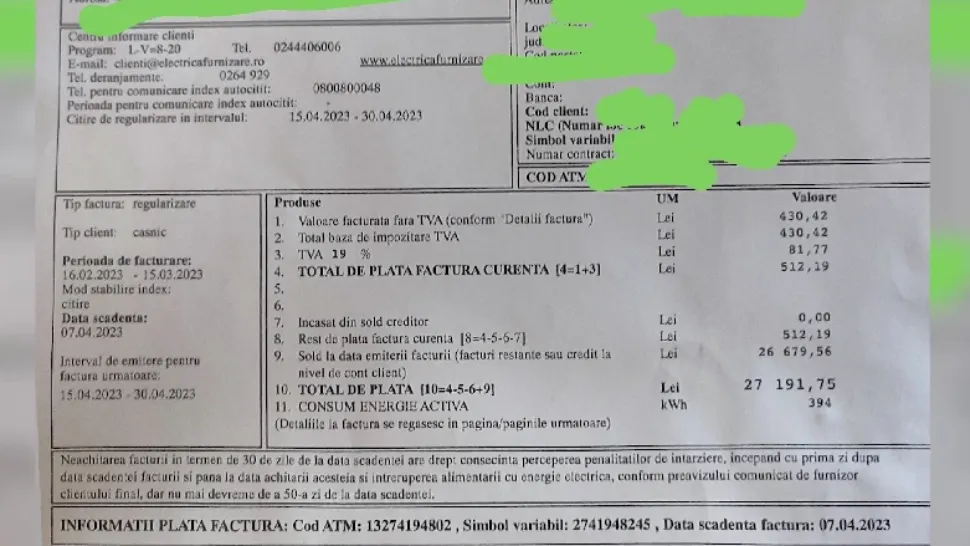 S-a trezit cu o factură la curent de 27 de mii de lei, emisă pe tot anul