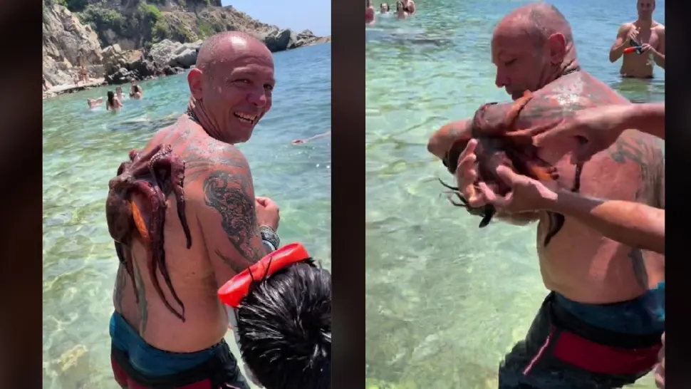 Turistul român, in timp ce se „luptă” cu caracatița. Foto: Captură TikTok