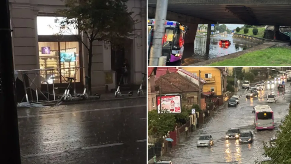 Urgie la Cluj-Napoca. Explozie la o țeavă de gaze și RO-Alert cod roșu de ploi. Străzi inundate, o schelă s-a prăbușit - FOTO