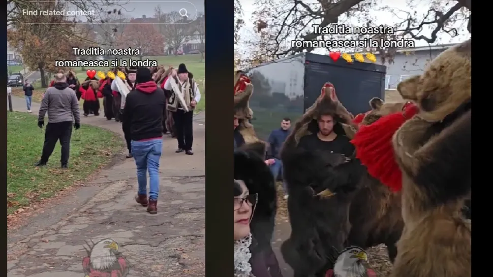 Români în blănuri de urs fac furori pe străzile Londrei. Foto: Captură TikTok