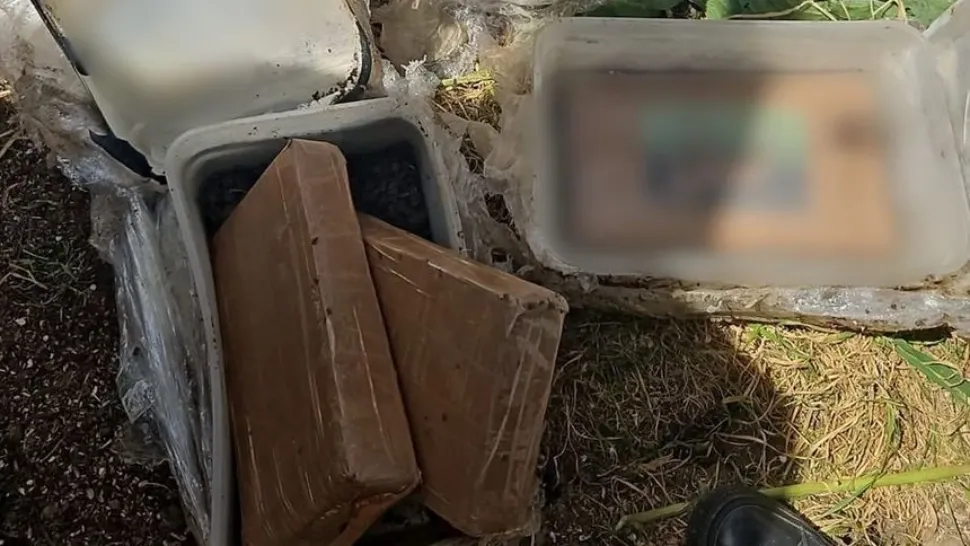 Polițiștii au găsit 14 kg de droguri ascunse în curtea din spatele casei. Foto/Poliția