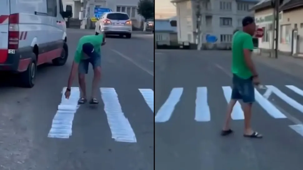 A făcut trecere de pietoni cu TRAFALETUL, ca să treacă de acasă la cârciumă. Gestul hilar al unui sucevean i-a surprins și pe polițiști - VIDEO