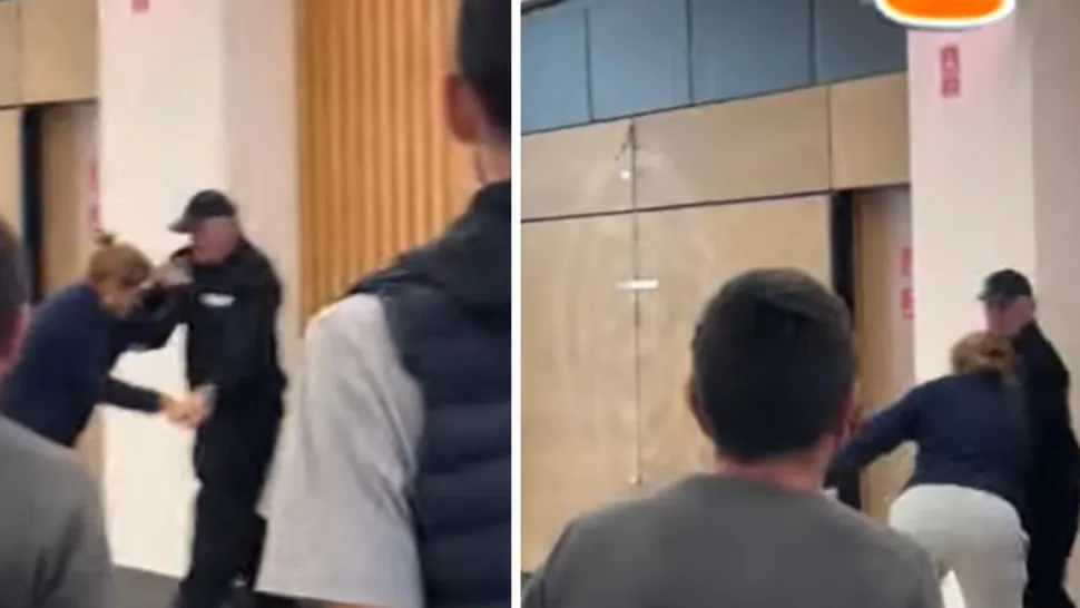Luptă între un paznic în vârstă și o hoață de haine într-un mall din Cluj. Foto: YouTube