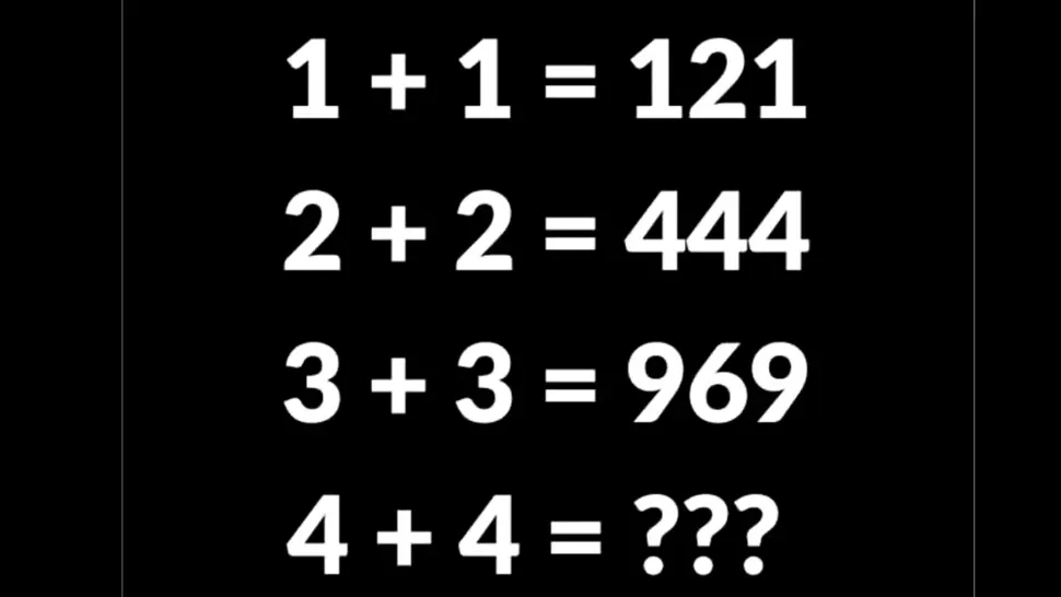Testul IQ de marți pentru minți sclipitoare: dacă 1+1=121, 2+2=444 și 3+3=969, cât este 4+4?