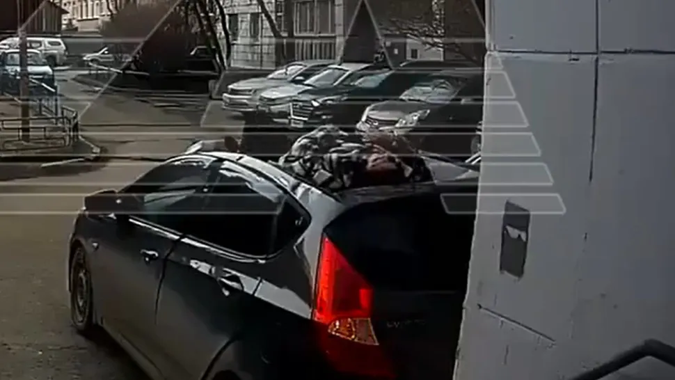 Momentul în care o bătrână de 80 de ani cade de la etajul 6 pe capota unei mașini și nu pățește nimic.