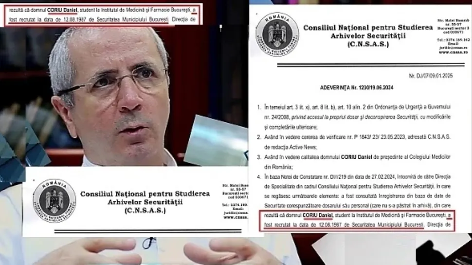 Un al doilea caz Marian Enache.  Daniel Coriu, președintele Colegiului Medicilor, AR FI FOST RECRUTAT DE SECURITATE. ActiveNews a primit adeverința CNSAS - FACSIMIL