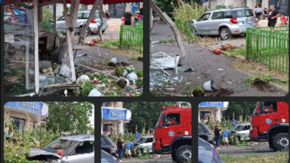 Accident grav în București. Două autoturisme s-au ciocnit într-o intersecție, iar unul a lovit o florărie de pe trotuar. Doi oameni au ajuns la spital