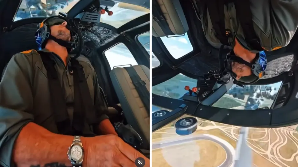 Felix Baumgartner a pilotat un elicopter cu susul în jos