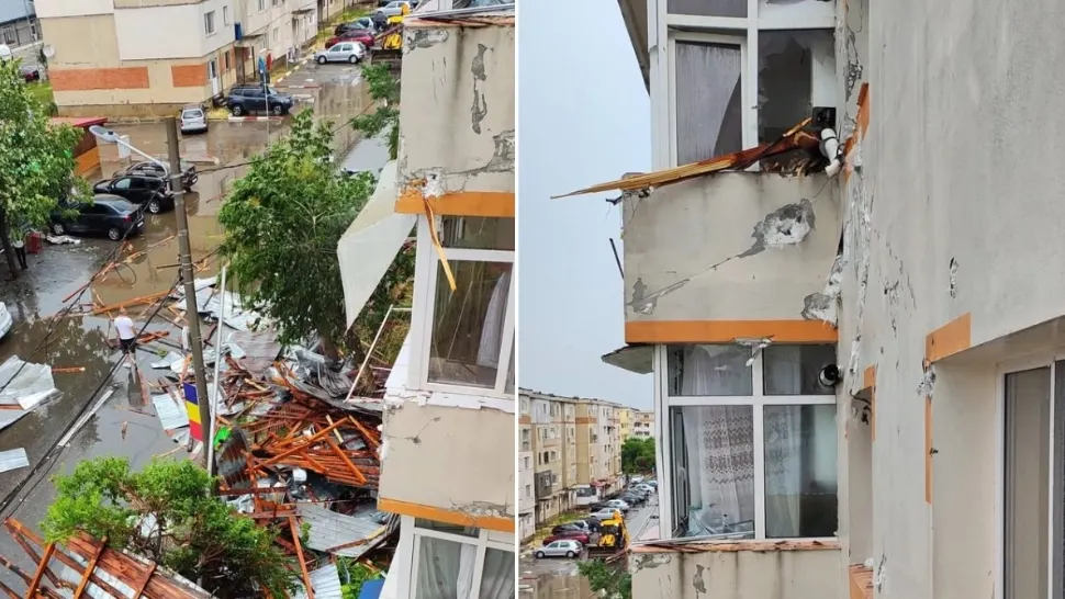 Furtuna de cod portocaliu a făcut prăpăd în Mioveni, jud. Argeș: acoperișul unui bloc a fost luat de vânt. Mai multe balcoane au fost distruse - FOTO