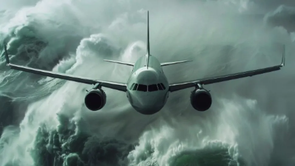 Momentul în care un avion intră într-o zonă cu turbulențe puternice