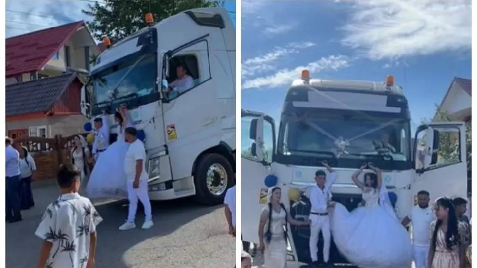Moment inedit la o nuntă din România: mirii au fost legați de un camion. Imaginile au devenit virale