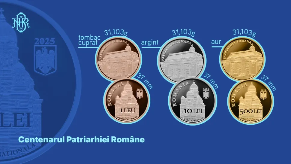 Aur, argint și tombac cuprat: BNR celebrează 100 de ani ai Patriarhiei Române printr-o emisiune numismatică specială/ Foto: BNR