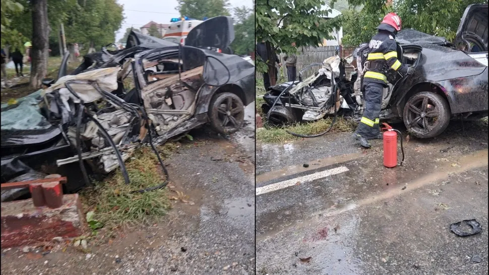 Grav accident rutier: un BMW făcut praf, două persoane rănite. Șoferul luptă pentru viață