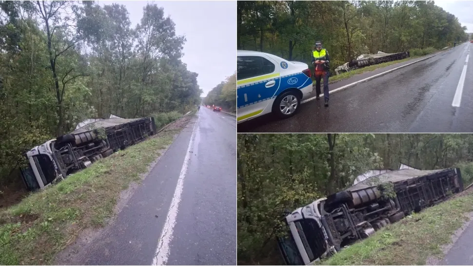 TIR încărcat cu pui, răsturnat pe DN 24. FOTO: BZV