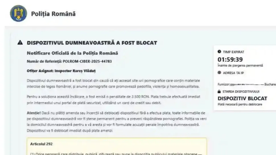 Mesaje false în numele Poliției Române: Nu dați curs avertizărilor de tipul ,,Dispozitivul a fost blocat”