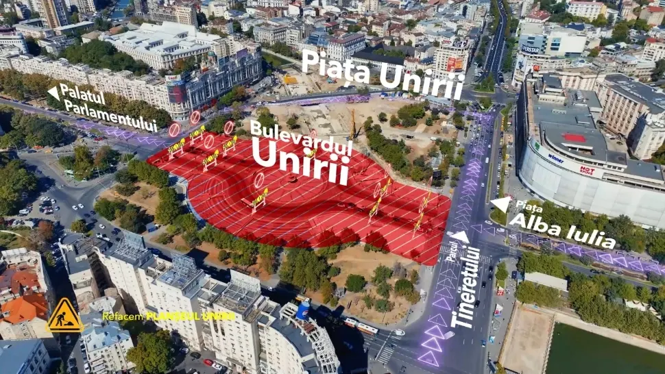 Se extinde zona de lucru și în așa-numitul „travers adiacent Fântânii Centrale”, la planșeul Unirii. Foto/S4