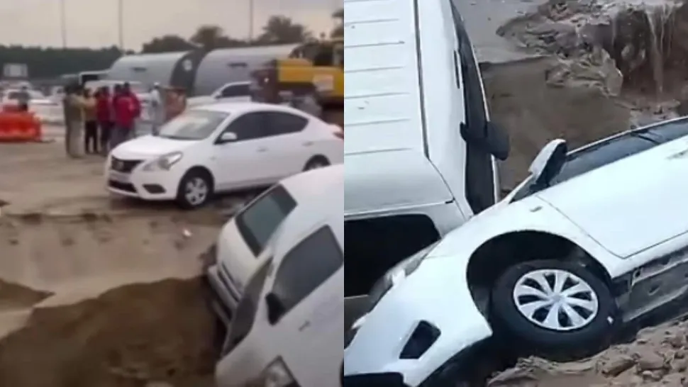 Fenomen rar în Dubai: terenul s-a surpat după ploile extreme. Mai multe autoturisme au fost avariate