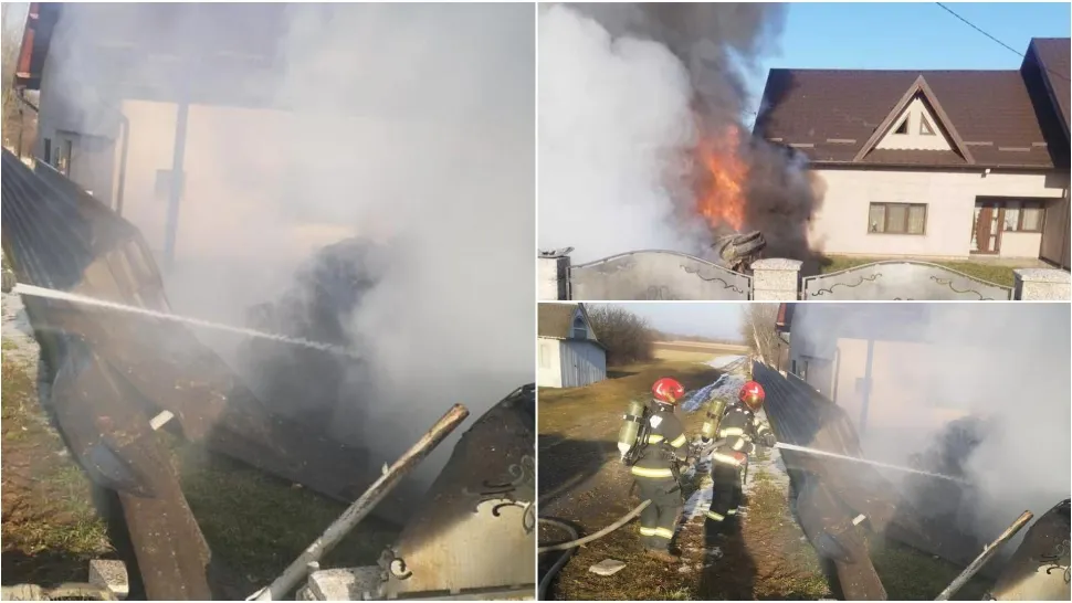 Mașină în flăcări, după ce a intrat în gardul unei gospodării din Neamț. FOTO: ISU