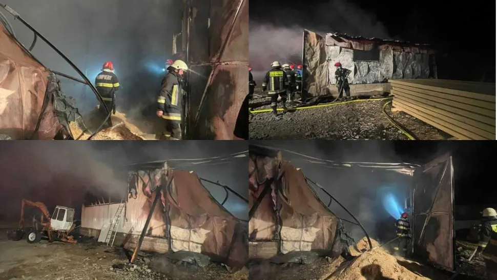 Incendiu puternic la o hala gater din județul Harghita. FOTO: ISU