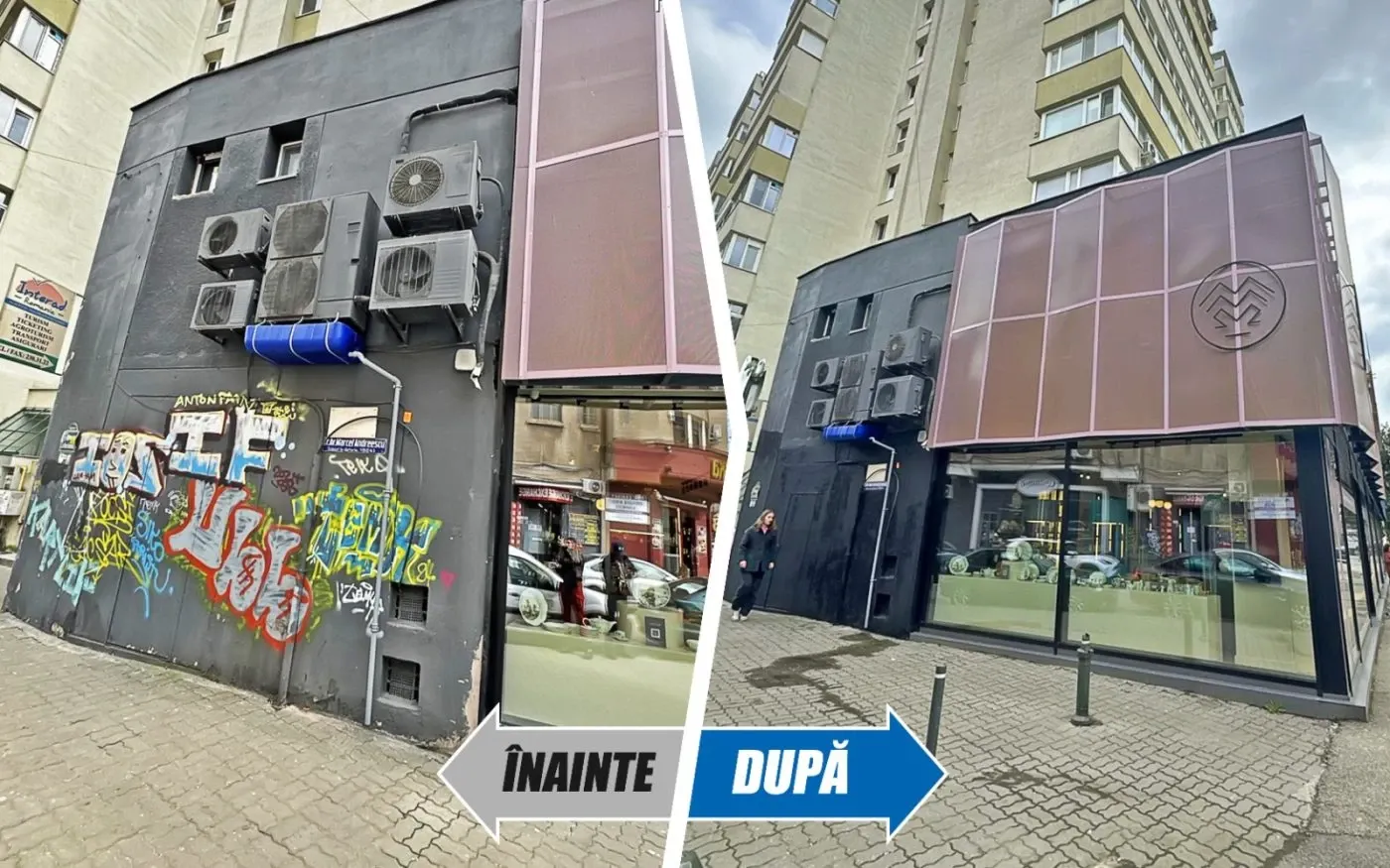 Fațadă vandalizată, înainte si după