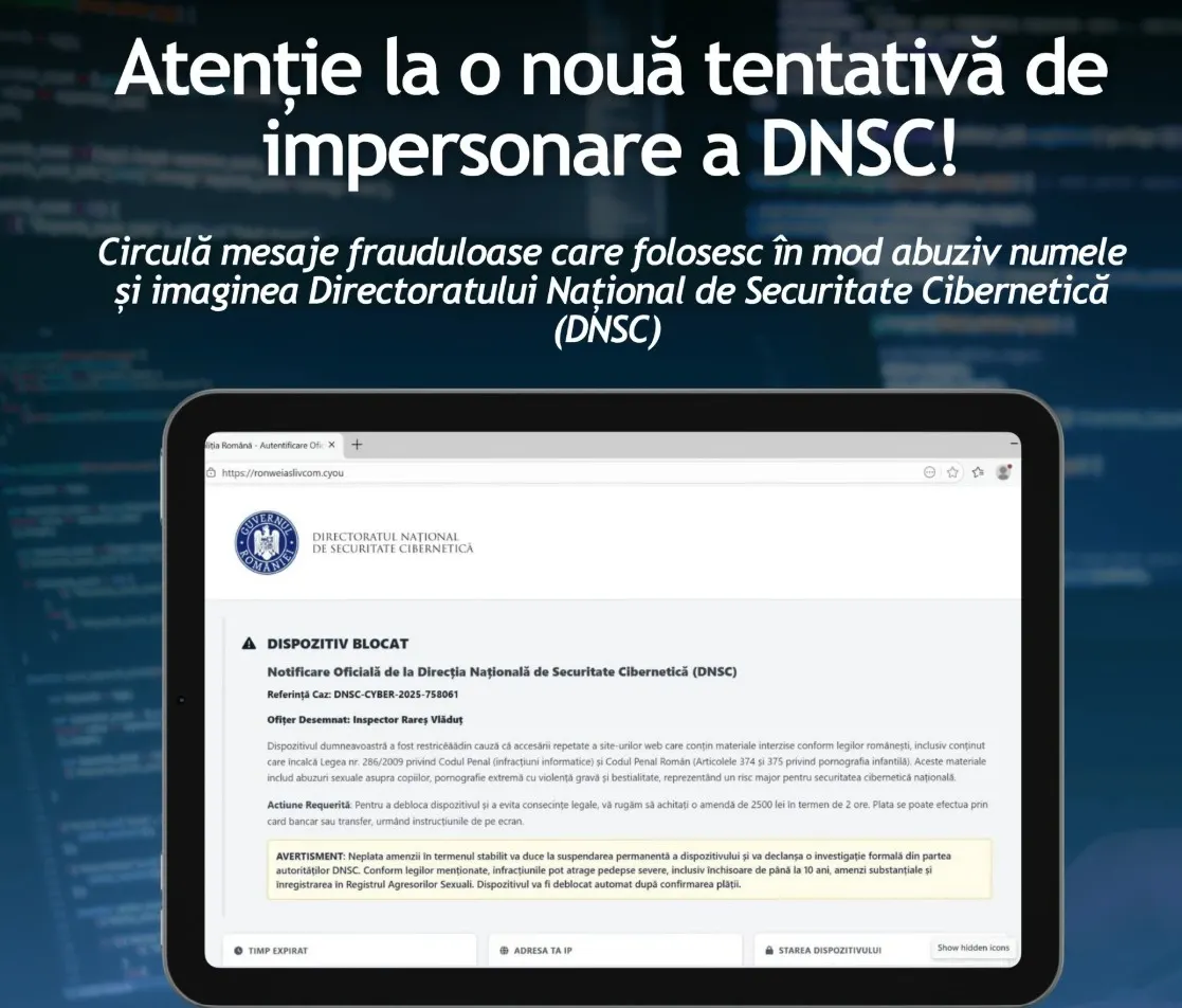 Atenție la mesajele frauduloase care folosesc identitatea DNSC. Foto/DNSC