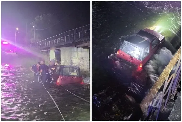 Mașină în râu/ Colaj foto ISU Argeș