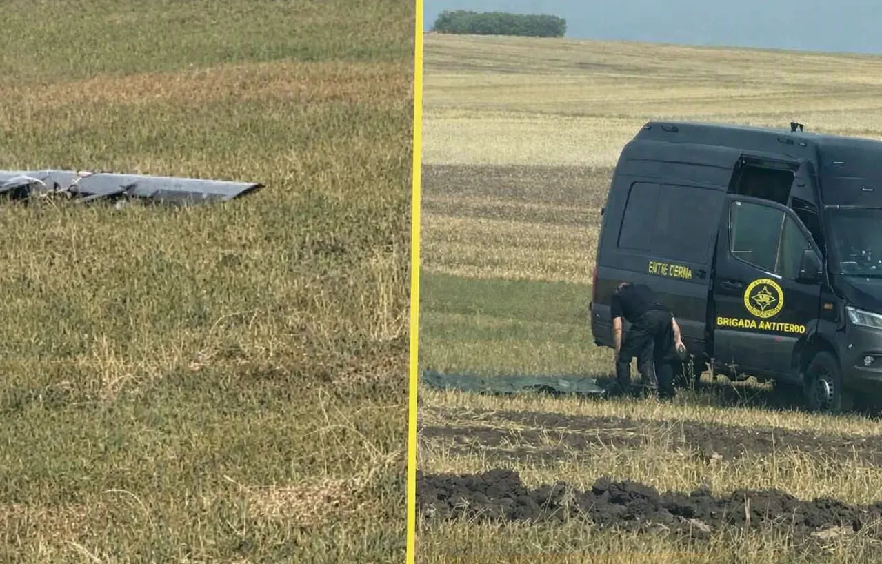 Drona căzută pe câmp (sursă foto: Vremea Nouă)