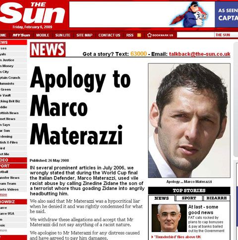 Marco Materazzi a primit compensaţii importante din partea tabloidului britanic "The Sun"