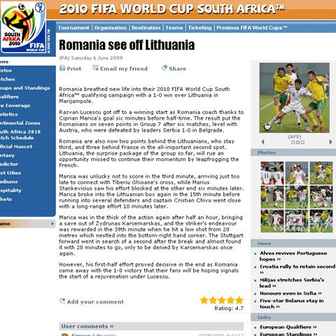 "Fanii români speră într-o renaştere a naţionalei sub conducerea lui Lucescu", scrie site-ul FIFA